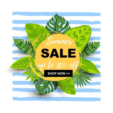 Tropikal yaprakları vektör illüstrasyon ile Yaz satış afiş. Metin için yer. Poster, web, davetiye, el ilanı için şablon.