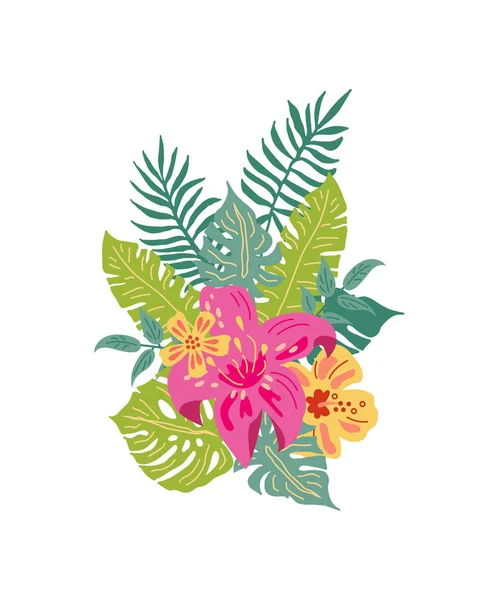 Flores Tropicales Exóticas Hojas Ilustración Vectorial Dibujada Mano Aislada Sobre — Vector de stock