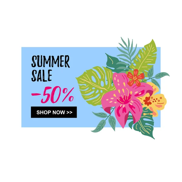 Sommerschlussverkauf Banner Mit Handgezeichneten Skizzen Stil Tropischer Blätter Und Blumen — Stockvektor