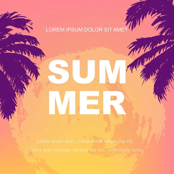 Palmiye ağaçlarıyla gün batımı ya da gün doğumu. Yaz geçmişi. Metniniz için yerleştirin. Parti, davetiye, el ilanı, afiş, afiş, web için vektör illüstrasyon. El çizilmiş stil seyahat konsepti.