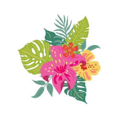 Tropikal egzotik çiçekler ve yapraklar. Beyaz arka planda yalıtılmış el çizilmiş çizim stili vektör çizimi. Poster, afiş, parti davetiyesi, yaz konsepti için düz stil tasarım öğesi.