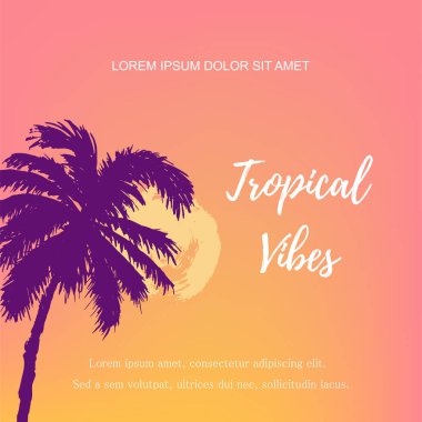 Palmiye ağaçlarıyla gün batımı ya da gün doğumu. Yaz geçmişi. Metniniz için yerleştirin. Parti, davetiye, el ilanı, afiş, afiş, web için vektör illüstrasyon. El çizilmiş stil seyahat konsepti.