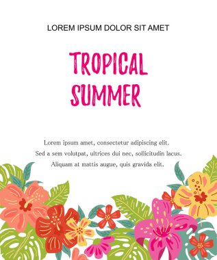 El çizilmiş kroki tarzı orman çiçekleri ve egzotik yaprakları çizilmiş. Tropikal yaz vektör illüstrasyon. Metniniz için yerleştirin. Tatil, afiş, afiş, el ilanı, davetiye için mevsimsel şablon. Düz stil tasarımı.