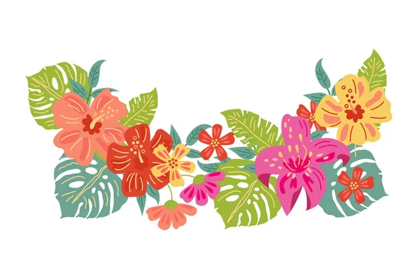 熱帯のエキゾチックな花や葉 手描きのスケッチスタイルベクトルイラストは 白い背景に分離されています ポスター バナー パーティー招待状 夏のコンセプトのためのフラットスタイルのデザイン要素 — ストックベクタ