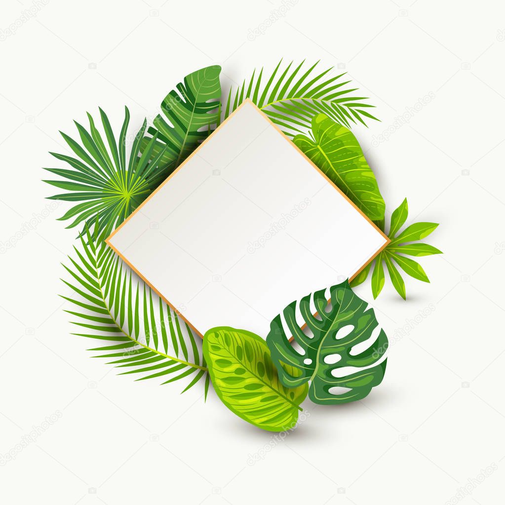 Green summer tropical background with exotic leaves, paper sheet wuth golden frame. Place for text. Vector illustration for poster, web, flyers, party invitation, sale, ecological concept, wedding.