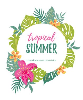 Tropikal çiçekler ve egzotik yaprakları ile el çizilmiş kroki tarzı tasarım öğesi. Tropik yaz. Metniniz için yerleştirin. Parti, davetiye, el ilanı, afiş, afiş, web için vektör illüstrasyon.