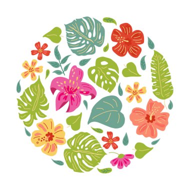 El çizilmiş kroki tarzı tropikal çiçekler ve egzotik yaprakları çizilmiş. Daire kavramı. T-shirt desing, davetiye, el ilanı, afiş, afiş, web için Vektör illüstrasyon. Beyaz backgroud izole tasarım elemanı.