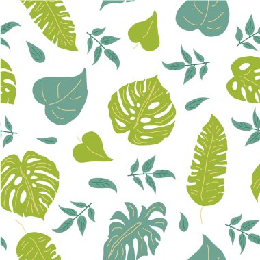 El çizilmiş kroki tarzı tropikal yaprakları ile dikişsiz desen. Vektör çizimi.