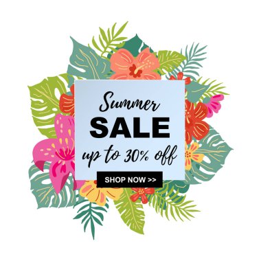 El çizilmiş kroki tarzı tropikal yaprakları ve çiçekleri ile Yaz satış afiş. Metin için yer. Poster, web, davetiye, el ilanı için şablon.