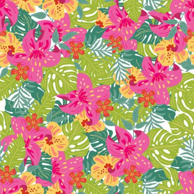 Tropikal yaprakları ve egzotik çiçekler ile el çizilmiş kroki tarzı dikişsiz desen çizilmiş. Vektör çizimi.