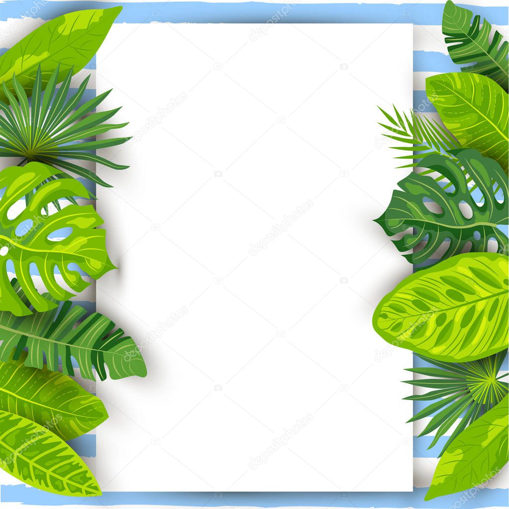 Background with exotic leaves, paper sheet.