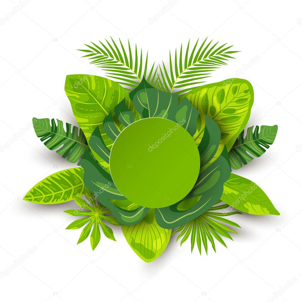 Green summer tropical background with exotic leaves and paper round shape frame. Place for text. Vector illustration for poster, web, flyers, invitation, sale, ecological concept.