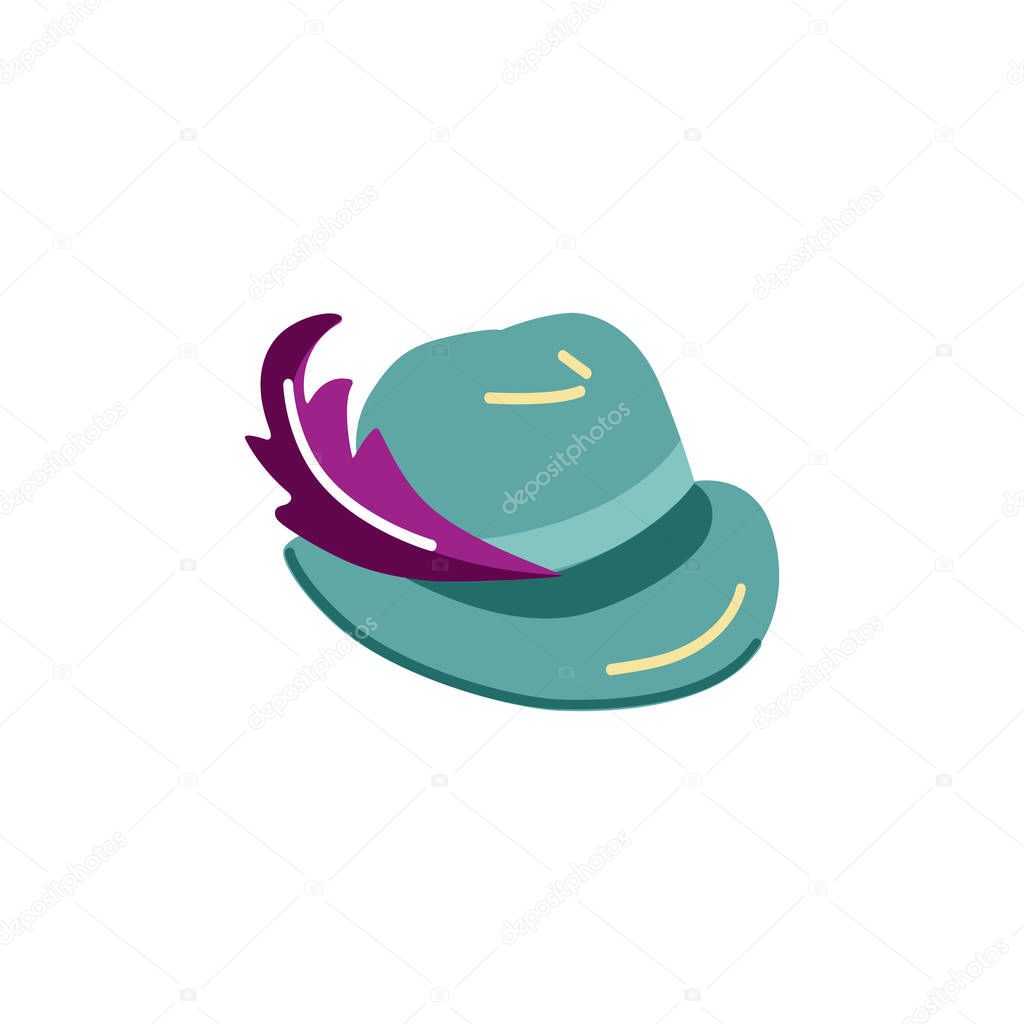 Hat with feather isolated on white background. Flat style vector illustration.