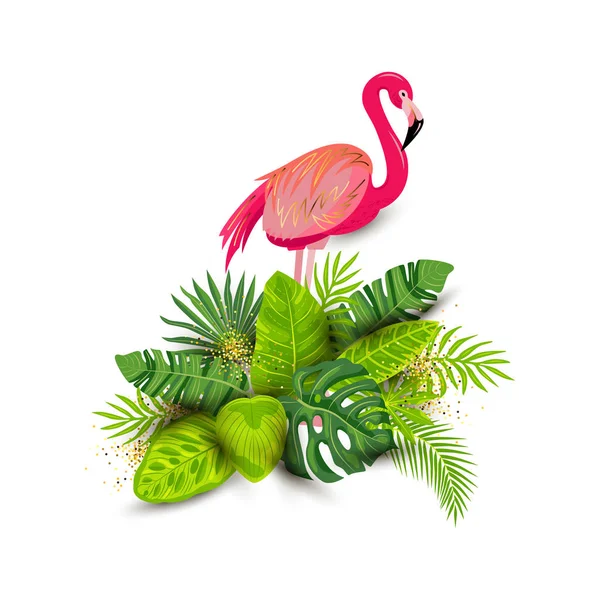 stock vector Pink flamingo and tropical leaves vector illustration isolated on white background. Design element for tropical party, t-shirt design, banner, poster, web, invitation.