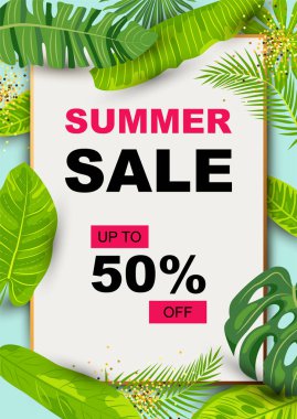 Tropik yaprakları ile Yaz satış afiş. Metin için yer. Poster, web, davetiye, el ilanı şablonu. Vektör çizimi.