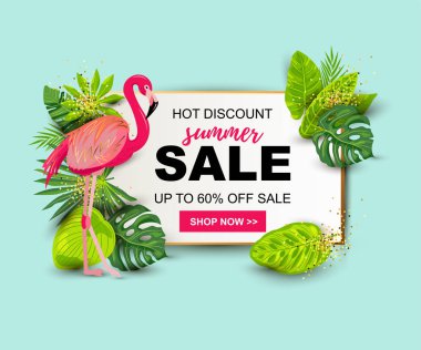 Tropikal yaprakları ve pembe flamingo ile Yaz satış afiş. Metin için yer. Poster, web, davetiye, el ilanı için şablon.