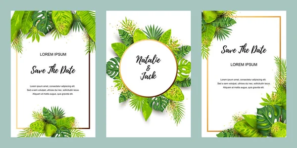 Conjunto Invitaciones Boda Con Hojas Exóticas Ilustración Vectorial Plantilla Tropical — Vector de stock