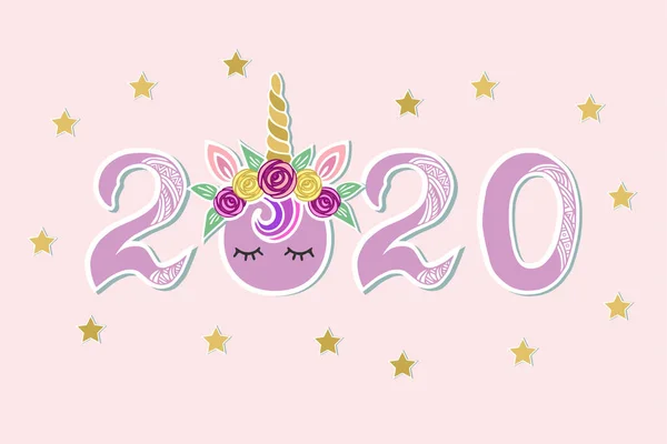 矢量插图与2020年 独角兽Tiara和眼睛作为新年快乐明信片 党邀请 明信片动机 圣诞快乐卡 — 图库矢量图片