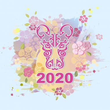 Sıçan kafası çiçekler ile arka planda izole. Logo, rozet, simge olarak sıçan kafası. Parti davetiyesi, tebrik kartı, Evcil hayvan dükkanı, Web için şablon. Çin yeni yılı 2020 sembolü.