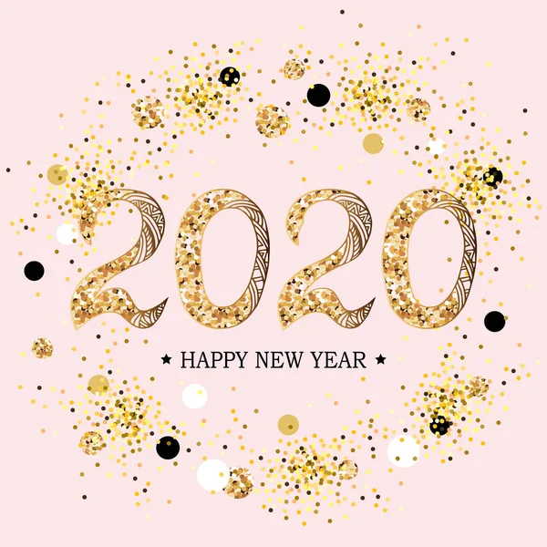 2020新年快乐 2020 年庆典文本在粉红色背景与金色的纸屑 背景上隔离的矢量插图 明信片动机 — 图库矢量图片
