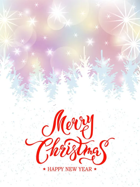 Feliz Tarjeta Navidad Con Abetos Luces Brillantes Letras Manuscritas Feliz — Vector de stock