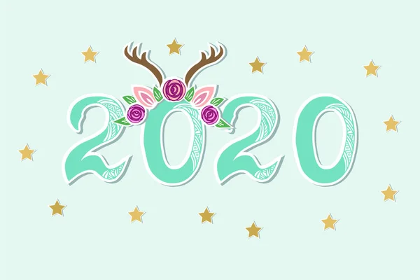 矢量插画2020与鹿蒂亚拉作为新年贺卡 党的邀请 明信片动机 圣诞快乐卡 — 图库矢量图片
