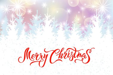 Köknar ağaçları ile mutlu Noeller kartı. El yazısı yazı mutlu Noeller. Metin için yerleştirin. Kış tatili için vektör Illustration, mutlu yeni yıl, davetiye, tebrik kartı, poster, Web, afiş.