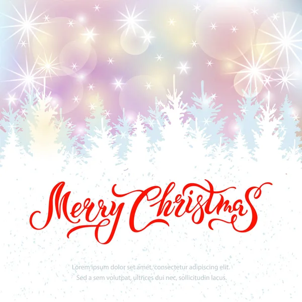 モミの木と光るライトとメリークリスマスカード 手書きのレタリングメリークリスマス テキスト用の場所です 冬の休日 招待状 グリーティングカード ポスター ウェブ バナーのためのベクトルイラスト — ストックベクタ
