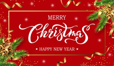 Mutlu Noeller, köknar ağacı ve altın streamer ile Happy New year kartı. Logo olarak El yazısı Harfler Merry Christmas, başlık kırmızı arka plan üzerinde izole. Metin için yer. Vektör çizimi.