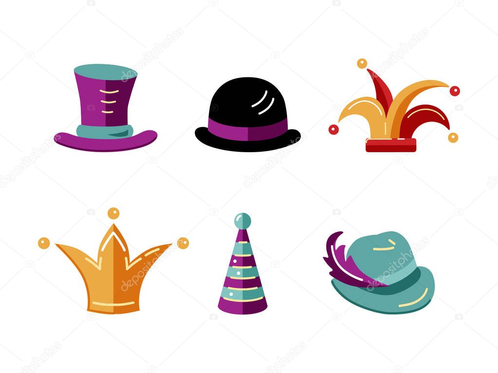 Vector illustration set of carnival hats. Flat style design.