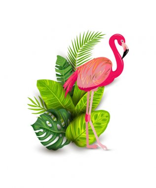 Pembe flamingo ve tropikal yaprak illüstrasyon izole beyaz arka plan üzerinde vektör. Tasarım öğesi tropikal parti, t-shirt tasarım, afiş, poster, web, davet için.