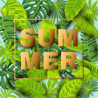 Egzotik yaprakları ile Yeşil yaz tropikal arka plan. Metin için yer. Poster, web, el ilanları, davetiye, kartpostal, ekolojik konsept için vektör illüstrasyon.