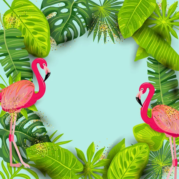 Różowe Flamingi Egzotyczne Liście Palmowe Letnia Ilustracja Wektorowa Tła Miejsce — Wektor stockowy