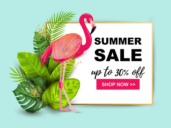 Banner Venda Verão Com Folhas Tropicais Flamingo Rosa Lugar Para — Vetor de Stock
