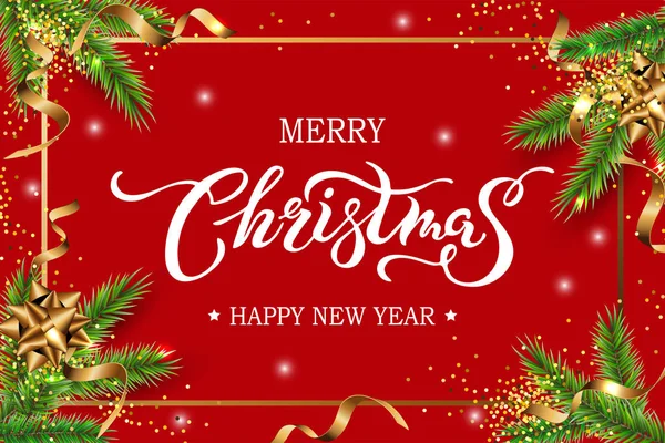 メリークリスマス モミの木と黄金のストリーマーとハッピーニューイヤーカード ロゴとしてメリークリスマスをレタリング手書き 赤い背景に隔離された見出し テキスト用に配置します ベクトルイラスト — ストックベクタ