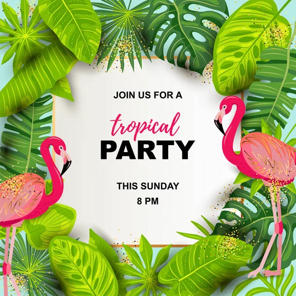 Różowe Flamingi Egzotyczne Liście Palmowe Tropikalna Ilustracja Wektor Party Miejsce — Wektor stockowy