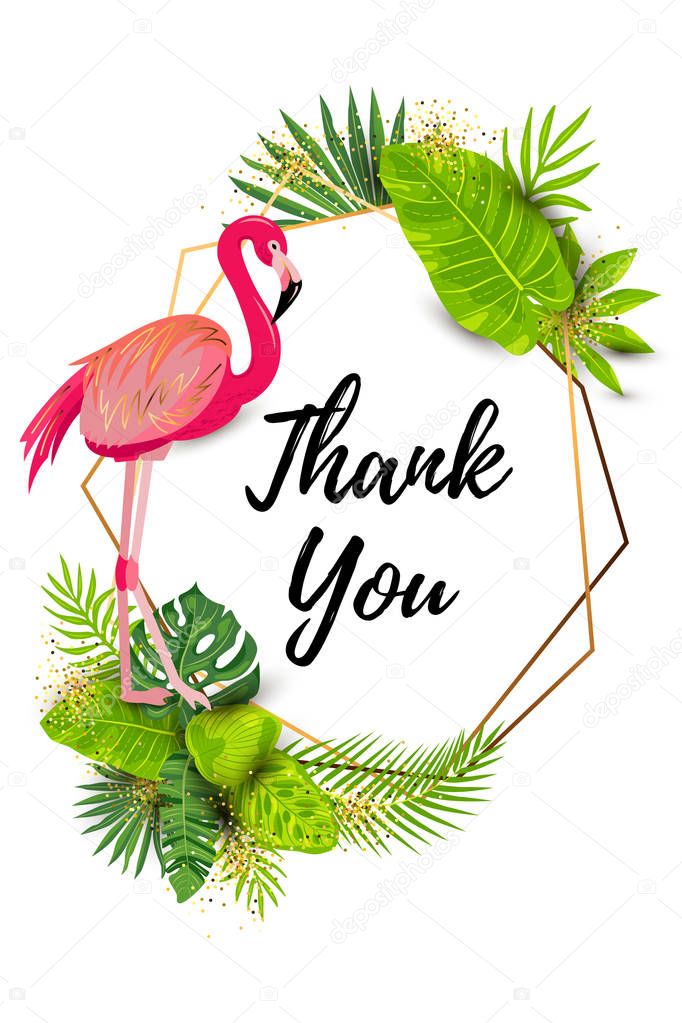 Thank you card. Green summer tropical background with exotic leaves, pink flamingo, golden frame. Place for text. Vector illustration for flyer, invitation, ecological concept, wedding, announcement.