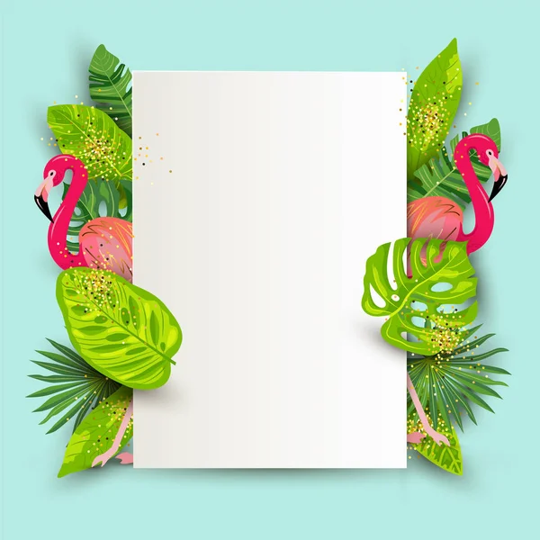 粉红色火烈鸟 异国情调的热带叶子和纸张矢量插图 放置文本 季节性模板度假 泳池派对 — 图库矢量图片