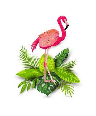 Pembe flamingo ve tropikal yaprak illüstrasyon izole beyaz arka plan üzerinde vektör. Tasarım öğesi tropikal parti, t-shirt tasarım, afiş, poster, web, davet için.