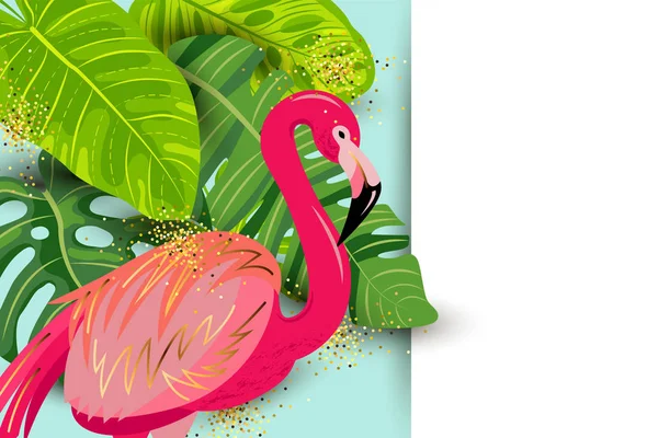 Рожеве Фламінго Екзотичне Тропічне Листя Векторні Ілюстрації Місце Тексту Сезонний — стоковий вектор