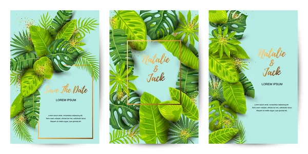 Wedding Invitation Set Exotic Leaves Vector Illustration Tropical Template Place — Stock Vector