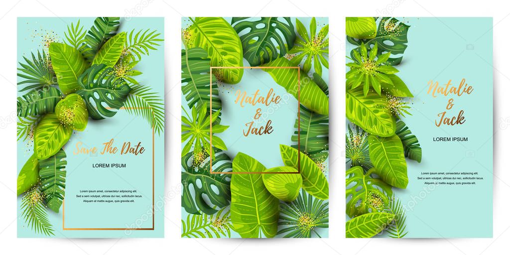 Wedding invitation set with exotic leaves. Vector illustration tropical template. Place for text. Great for flyer, party invitation, ecological concept, wedding. Save the date card.