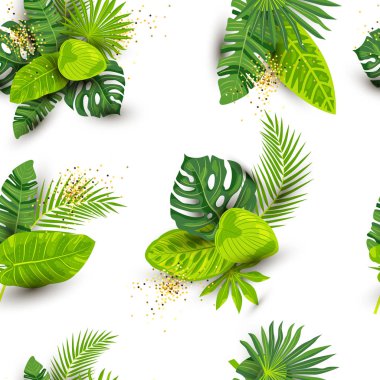 Tropikal yaprakları ve altın konfeti ile Dikişsiz desen. Vektör Illustration.