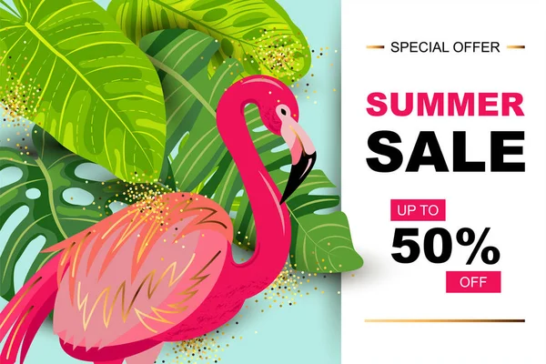 Sommerschlussverkauf Banner Mit Tropischen Blättern Und Rosa Flamingo Platz Für — Stockvektor