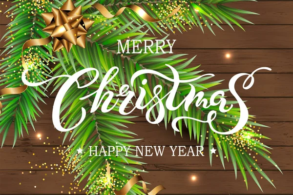 メリークリスマスとハッピーニューイヤーカード 新年の木の枝 暗い木のテクスチャの背景に紙吹雪とお祝いの背景 手書き文字のクリスマス ベクトルイラスト — ストックベクタ