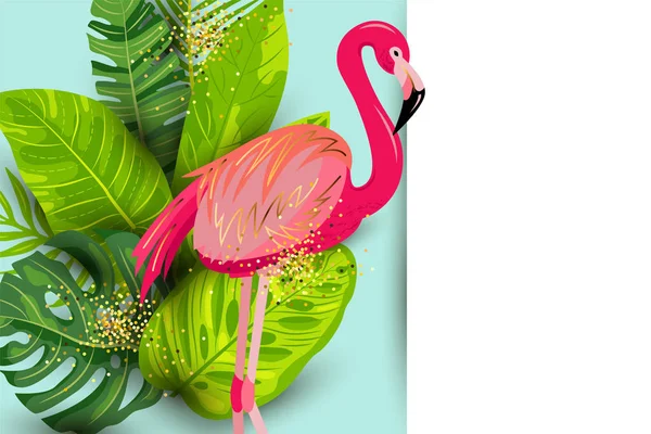 Розовый Фламинго Векторная Иллюстрация Экзотических Тропических Листьев Место Смс Морской — стоковый вектор
