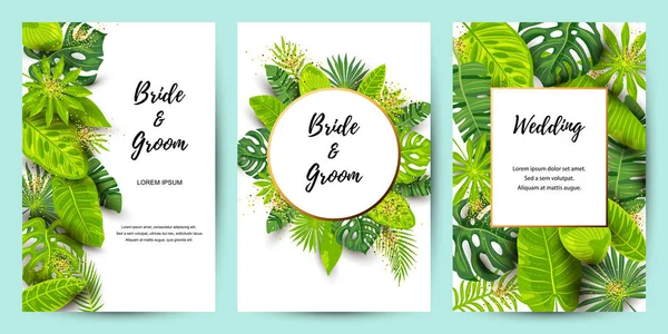 Esküvői Meghívó Szett Egzotikus Dzsungel Levelekkel Vektoros Illusztráció Trópusi Sablon — Stock Vector