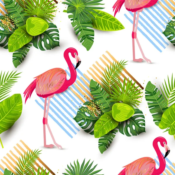 Tropikal Egzotik Yaprakları Pembe Flamingo Ile Dikişsiz Desen Vektör Illustration — Stok Vektör