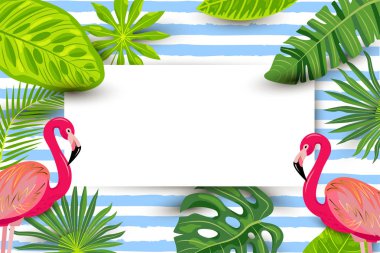 Pembe flamingolar, egzotik tropikal yapraklar ve kağıt levha vektör illüstrasyon. Metniniz için yerleştirin. Tatil, afiş, afiş, el ilanı, davetiye, havuz partisi, satış, duyuru için mevsimsel şablon.