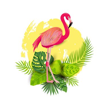 Pembe flamingo ve tropikal yaprak illüstrasyon izole beyaz arka plan üzerinde vektör. Tasarım öğesi tropikal parti, t-shirt tasarım, afiş, poster, web, davet için.